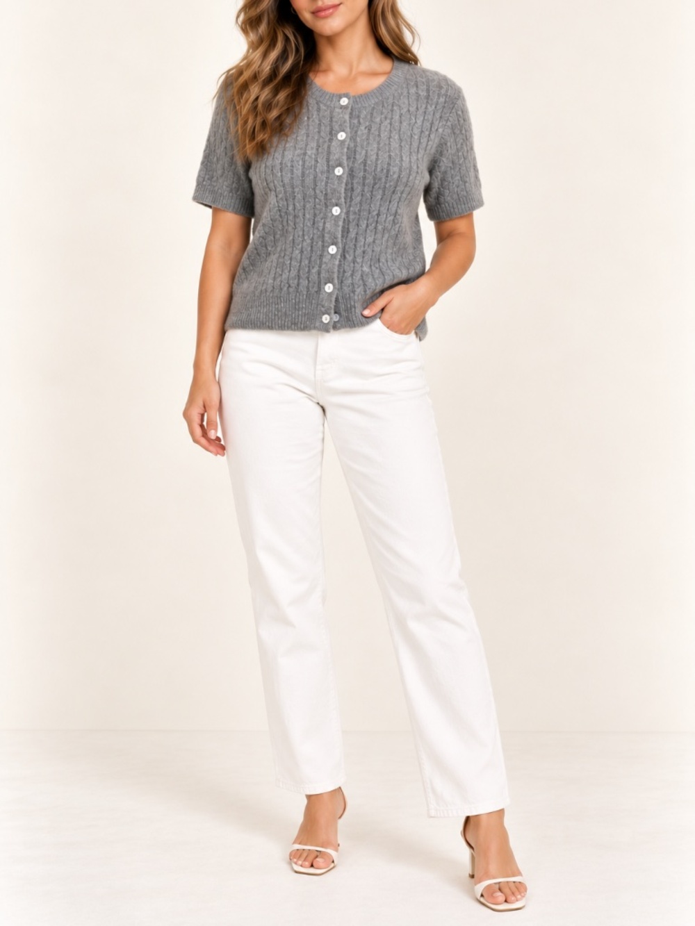 Things Between Gray Cable Knit Short Sleeve Button Front Cardigan Sweater